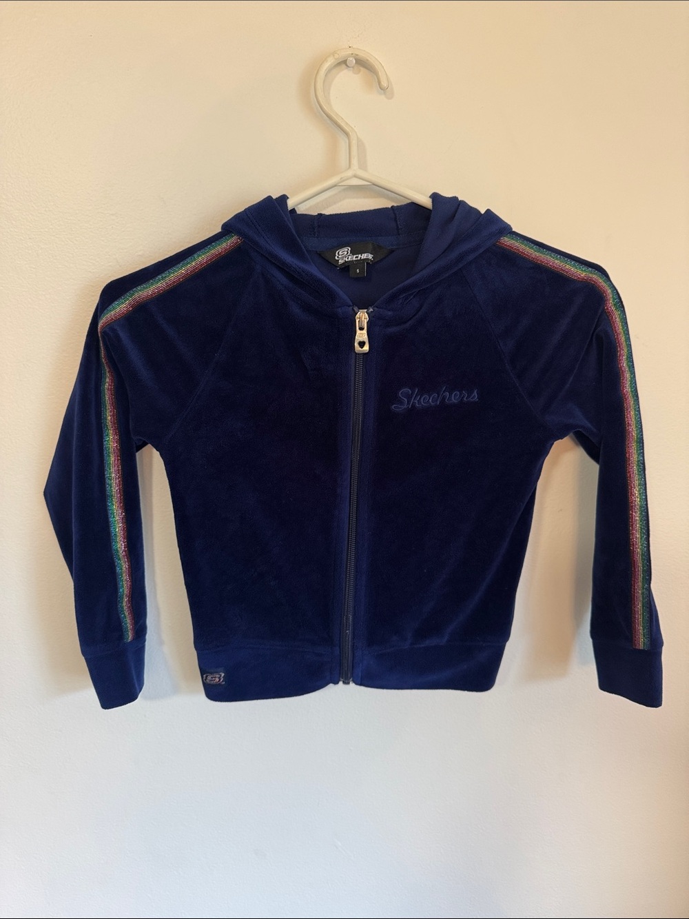 Girls- 5 - Skechers Navy Velour Zip-Up Hoodie with Rainbow Stripes